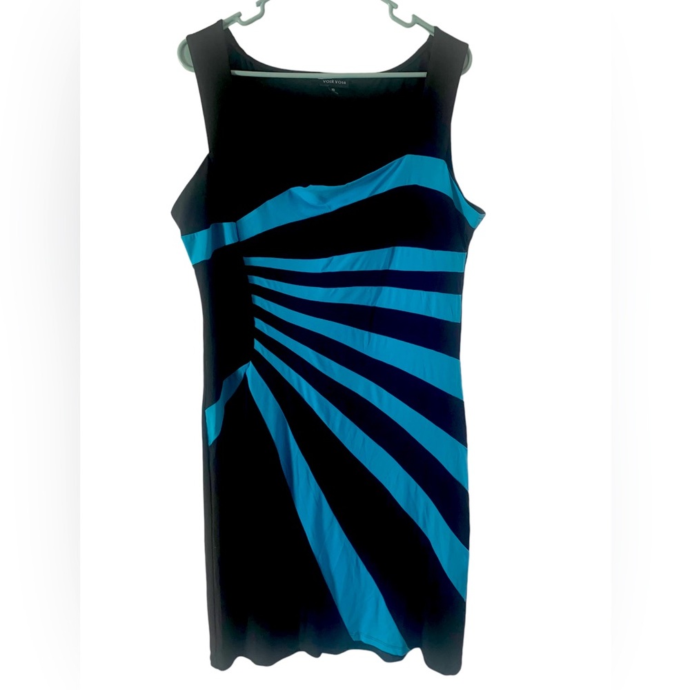 Voir Voir Sleeveless Dress Women’s Black with Turquoise Lines Stretchy Size 16
